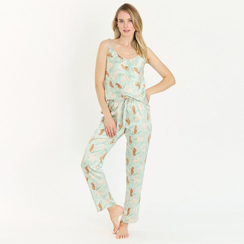 BARBIZON - Pijama de Mujer Cinta Pantalon Largo Verde Estampado.-