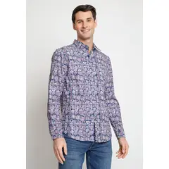 PERRY ELLIS - Camisa Hombre Manga Larga Stretch Estampada Grape