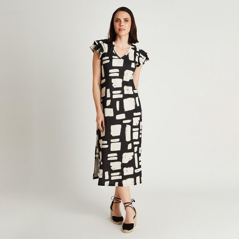 CURVI - Vestido Maxi Crudo Manga Corta Cuello V
