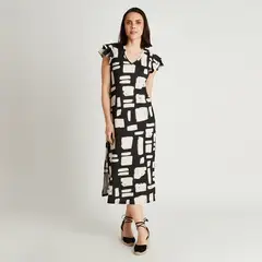 CURVI - Vestido Maxi Crudo Manga Corta Cuello V