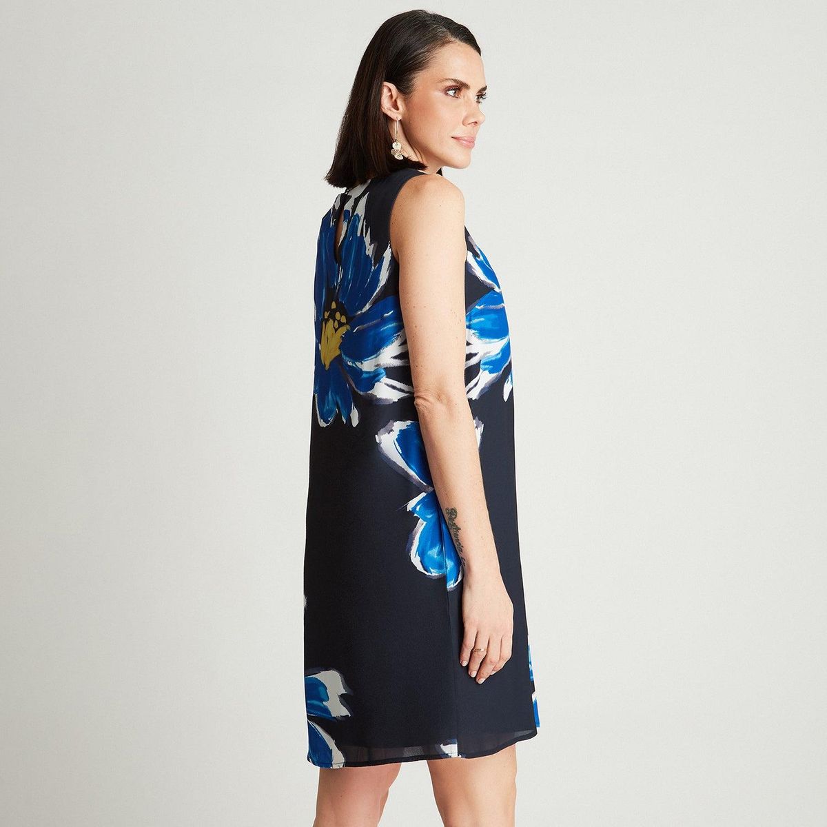 LORENZO DI PONTTI - Vestido Corto Azul Sin Manga Estampado Cuello Redondo