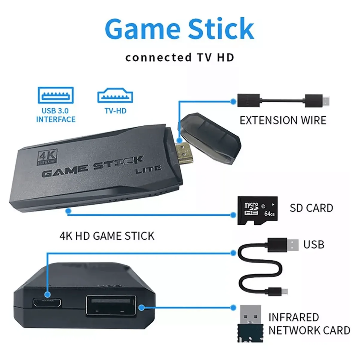 GENERICO - Game Stick 4K con 2 Controles Inalámbricos Pendrive de Juegos