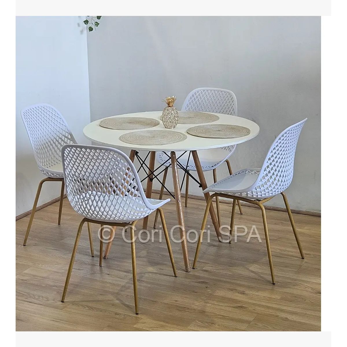 CORI CORI - Comedor Mesa Eames Blanca 80cm + 4 Sillas Panal Blancas