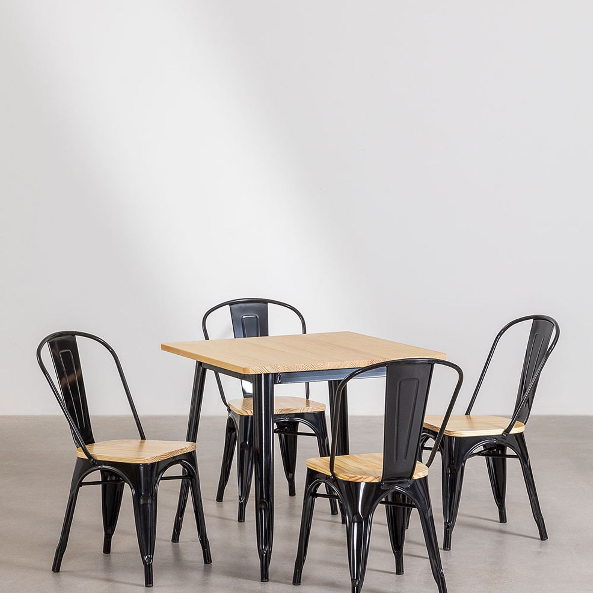 MOBOI - Comedor Tolix Mesa Cuadrada 70x70cm Y 4 Sillas Tolix Asiento Madera