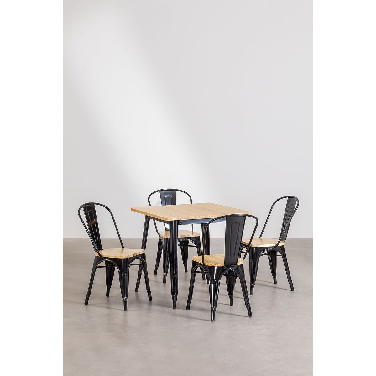 MOBOI - Comedor Tolix Mesa Cuadrada 70x70cm Y 4 Sillas Tolix Asiento Madera