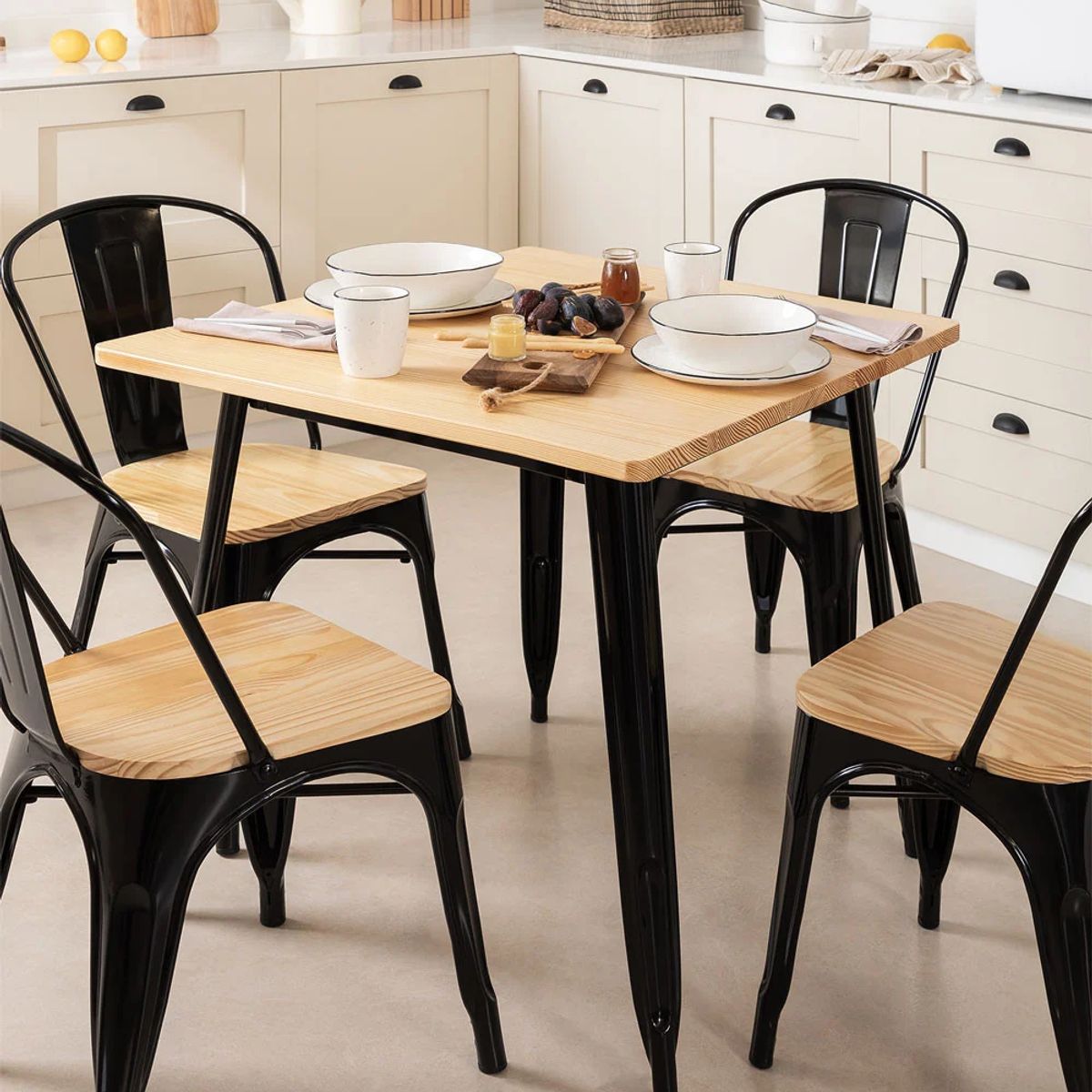 MOBOI - Comedor Tolix Mesa Cuadrada 70x70cm Y 4 Sillas Tolix Asiento Madera