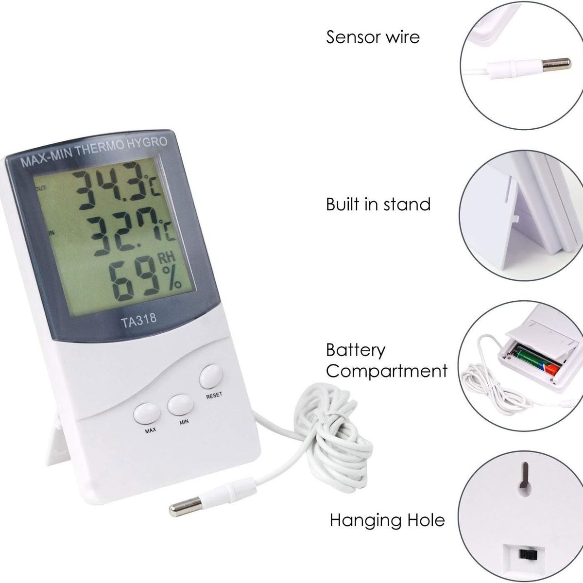KUANGYE - Termómetro Higrómetro Digital Interior Exterior Con Sonda