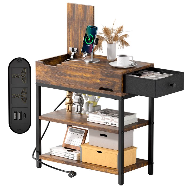 AIZO - Mesa Auxiliar con Estación Carga 2USB+2Tomas Cajón Tela Madera+Acero