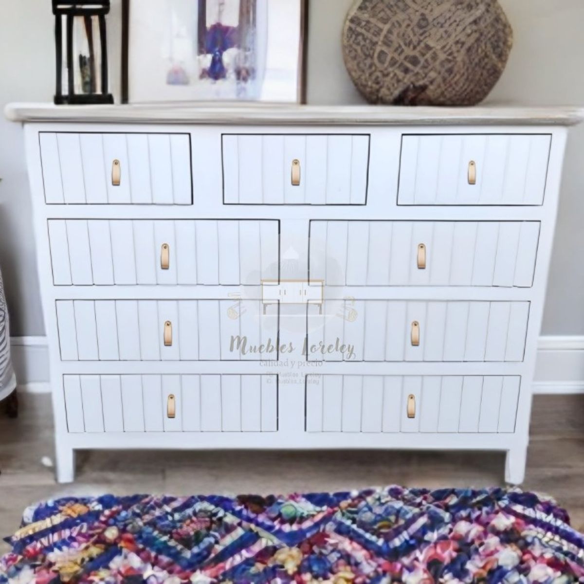 RUSTIC STYLE - COMODA TERRANOVA DE MADERA BLANCA Y DECAPADO + TIRADOR DE CUERO