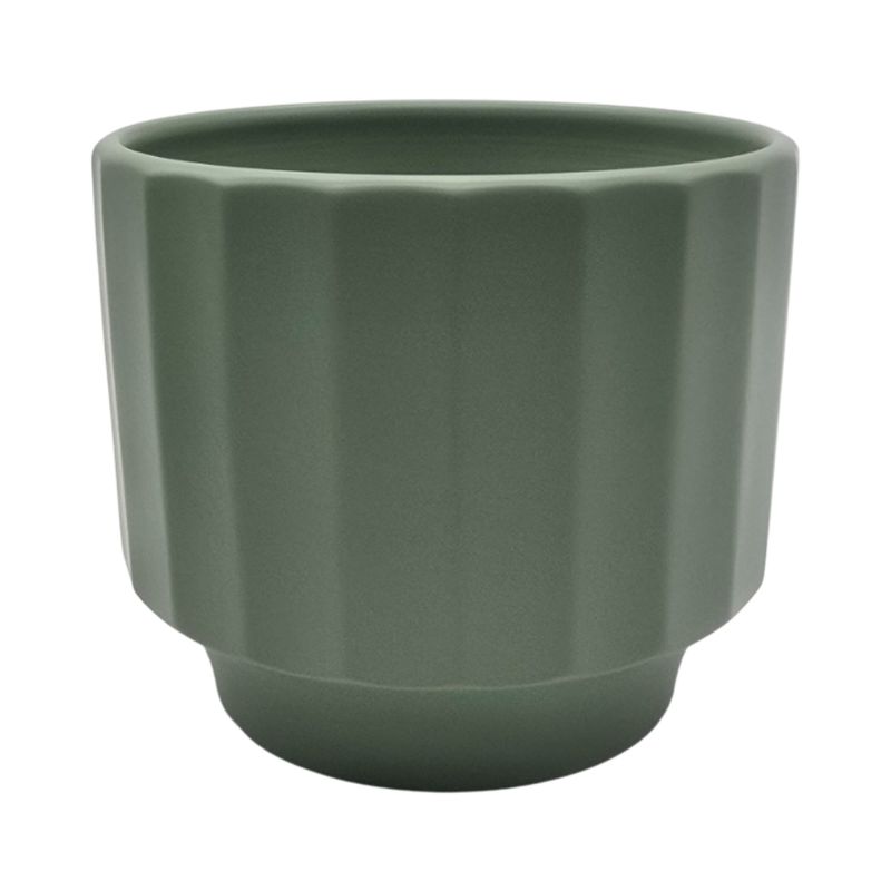 GENERICO - Macetero Maceta De Ceramica Verde Oliva Lineas Verticales L