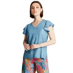 CURVI - Blusa Celeste Manga Corta Cuello V