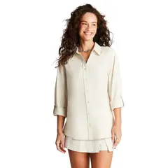 ACUARELA - Blusa Lino Beige Manga Larga Cuello Camisero