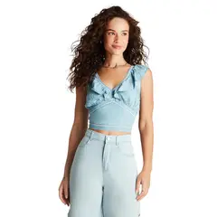 ACUARELA - Blusa Lyocell Celeste Detalle En Escote