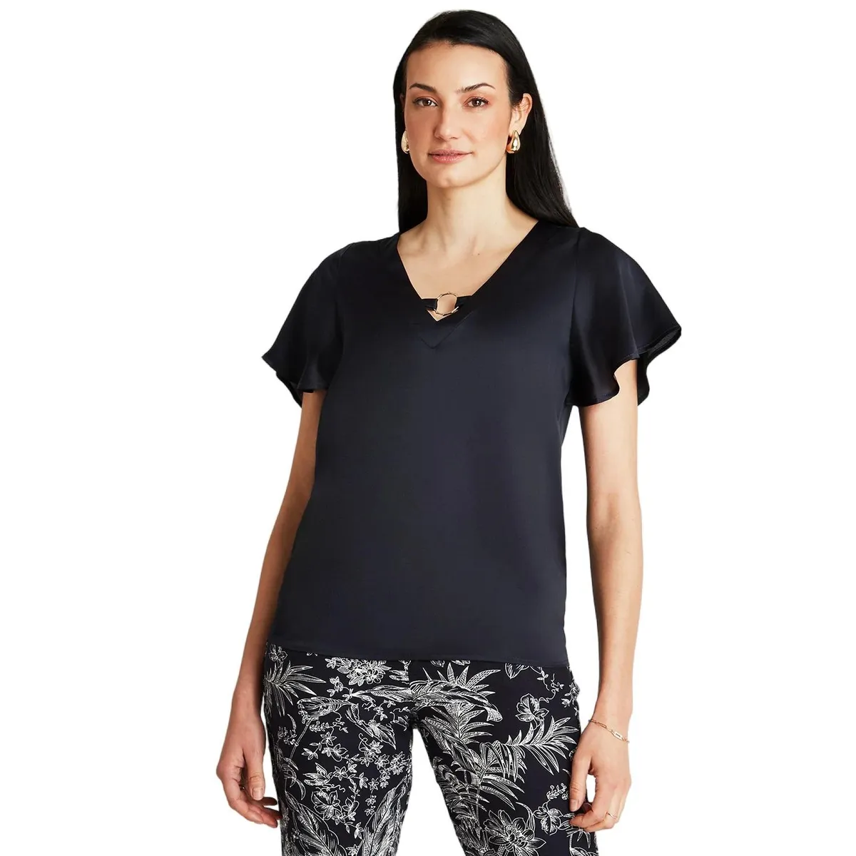 LORENZO DI PONTTI - Blusa Azul Manga Corta Argolla En Cuello