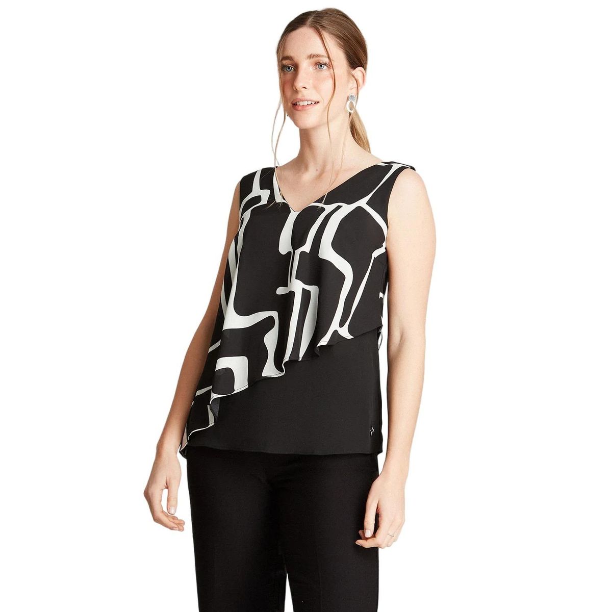 LORENZO DI PONTTI - Blusa Negro Sin Manga Cuello V