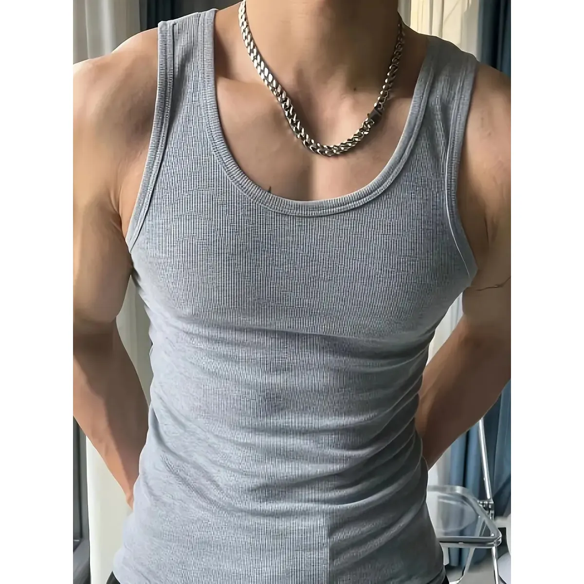 LIKE SHOP - Camiseta Elasticada Sin Manga Hombre Acanalada Algodón Musculosa 38