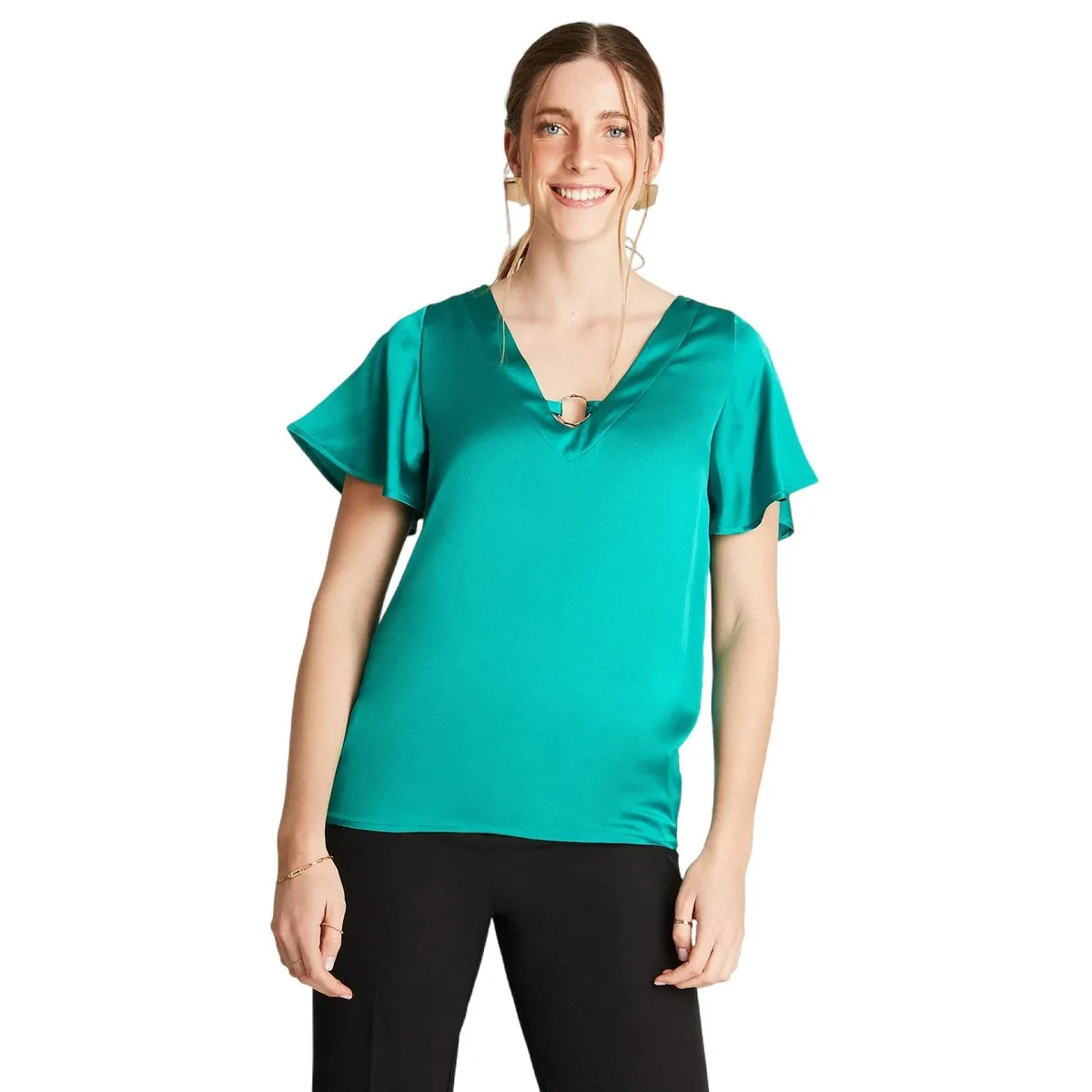 LORENZO DI PONTTI - Blusa Verde Manga Corta Cuello V