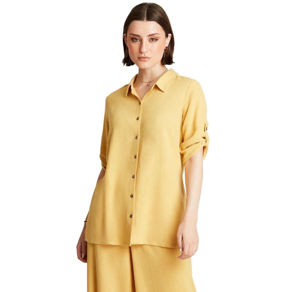 CURVI - Blusa Mostaza Manga Codo Liso Cuello Camisero