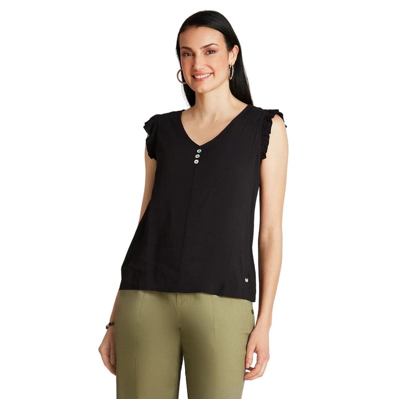 CURVI - Blusa Negro Sin Manga Cuello Abotonado