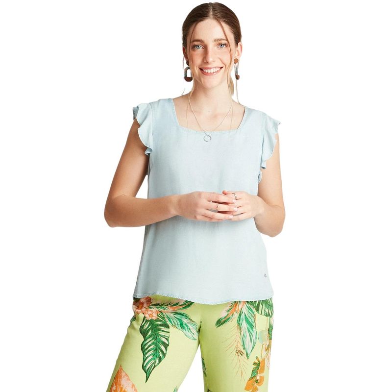 CURVI - Blusa Celeste Sin Manga Cuello Cuadrado