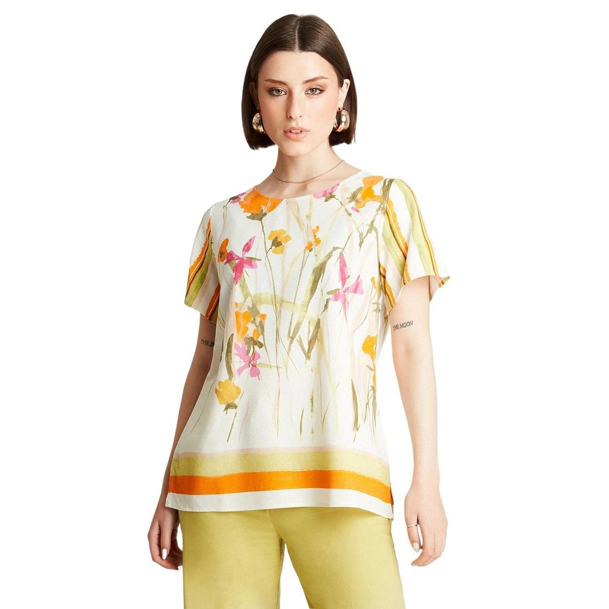 LORENZO DI PONTTI - Blusa Blanco Manga Corta Estampado Cuello Redondo