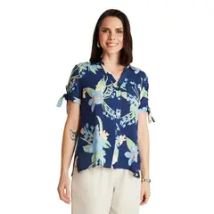 CURVI - Blusa Azul Manga Corta Estampado Cuello Camisero