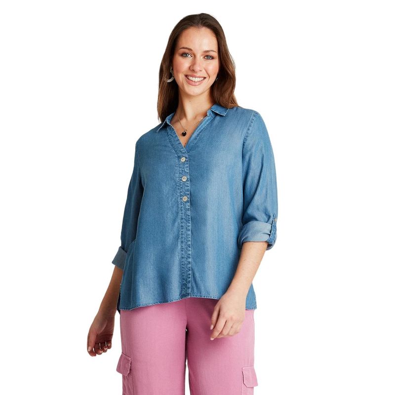 CURVI - Blusa Azul Medio Manga Larga Cuello Camisero