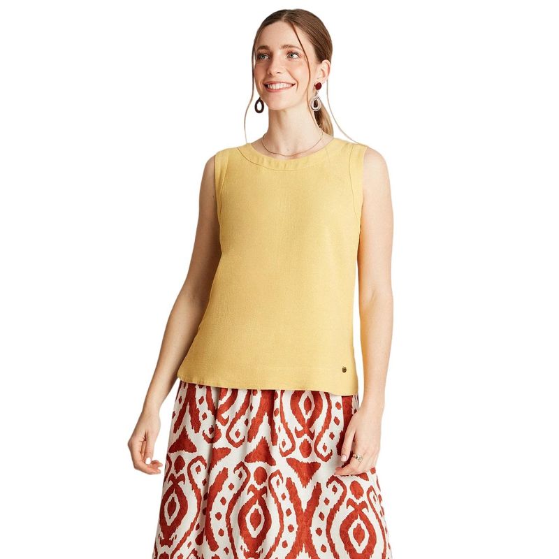 CURVI - Blusa Mostaza Sin Manga Liso y Estampado Cuello Redondo