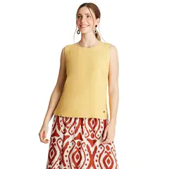 CURVI - Blusa Mostaza Sin Manga Liso y Estampado Cuello Redondo