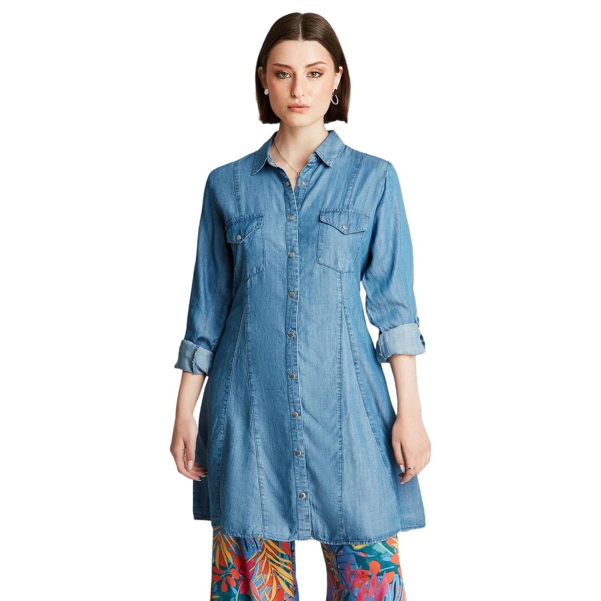 CURVI - Blusa Celeste Manga Larga Cuello Camisero