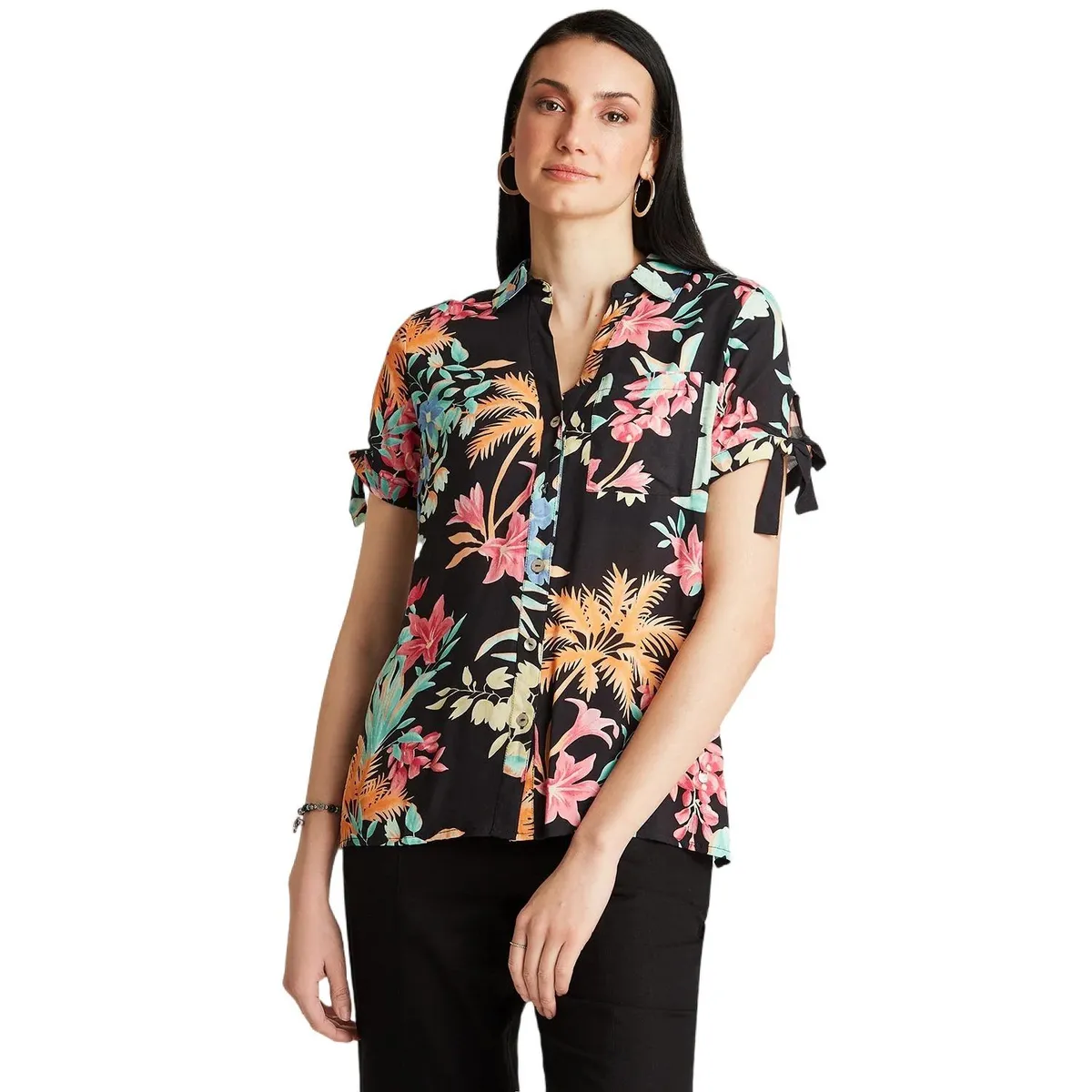 CURVI - Blusa Negro Manga Corta Estampado Cuello Camisero