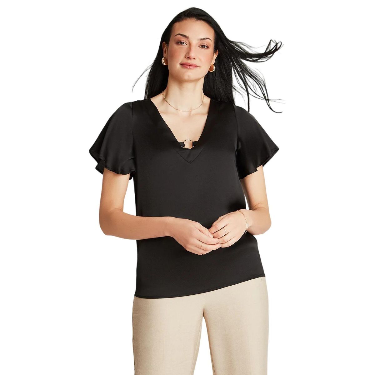 LORENZO DI PONTTI - Blusa Negro Manga Corta Cuello V