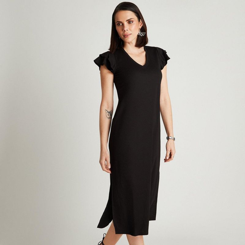 CURVI - Vestido Maxi Negro Manga Corta Cuello V