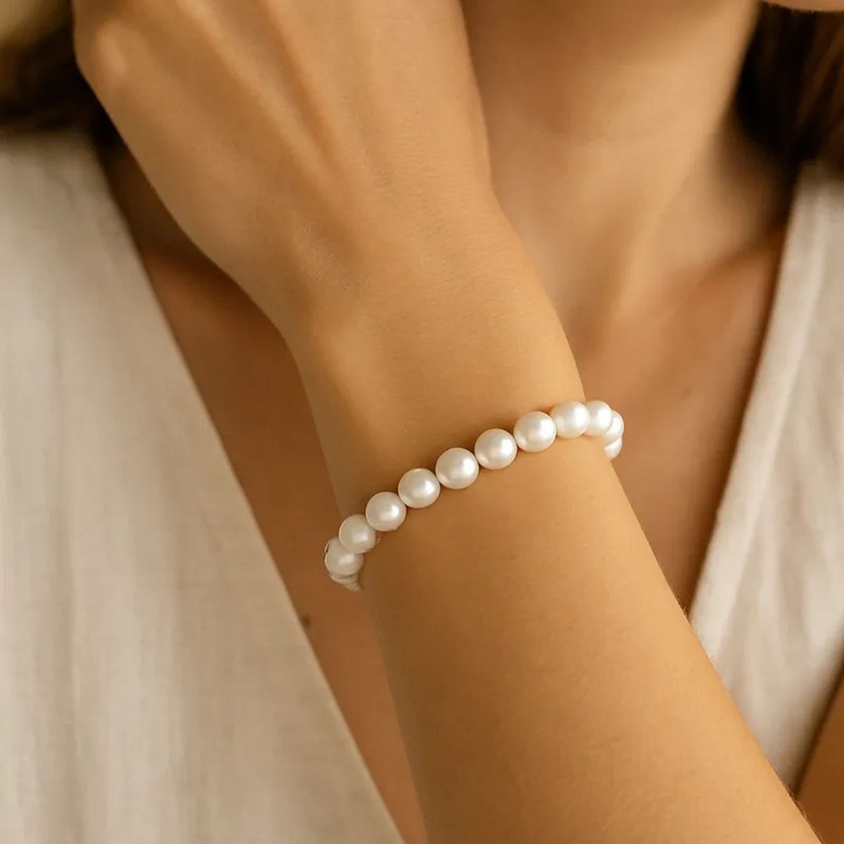 ELEGA - Pulsera De Perlas De Concha Elástica De Calidad Mujer