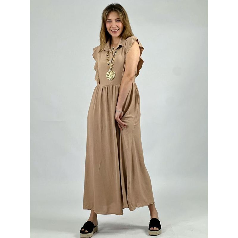 ENIGMATICA BOUTIQUE - Vestido Cuello en V Abotonado - Beige - Único