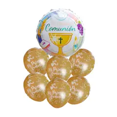GENERICO - SET 7 GLOBO PRIMERA COMUNION DORADO X1 UNI
