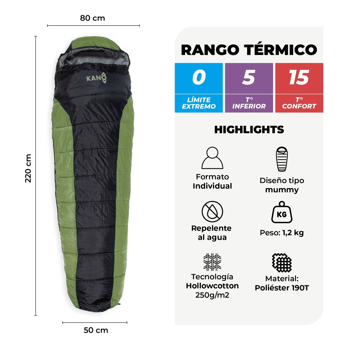 KANO - Saco de Dormir Kano El Plomo 0 / 5 / 15°C 1,2 Kg Verde