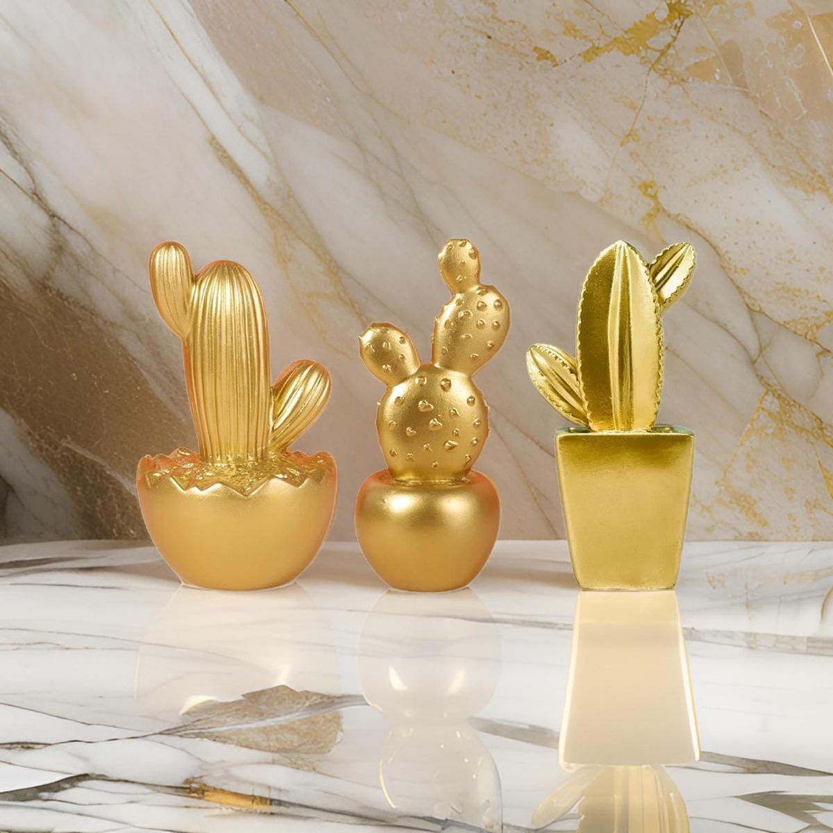 GENERICO - Set 3 Adornos Cactus De Resina Dorado Decoracion Mesa Office