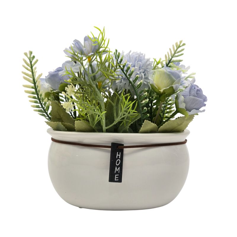 GENERICO - Planta Artificial Macetero Ceramica Blanco Arreglo Floral - Celeste