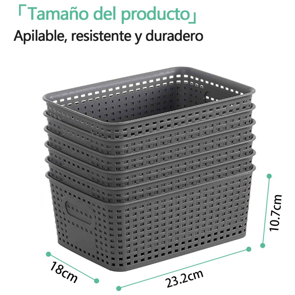 GENERICO - 6 Cestas De Plástico Gris Para Guardar Y Organizar Objetos-Gris