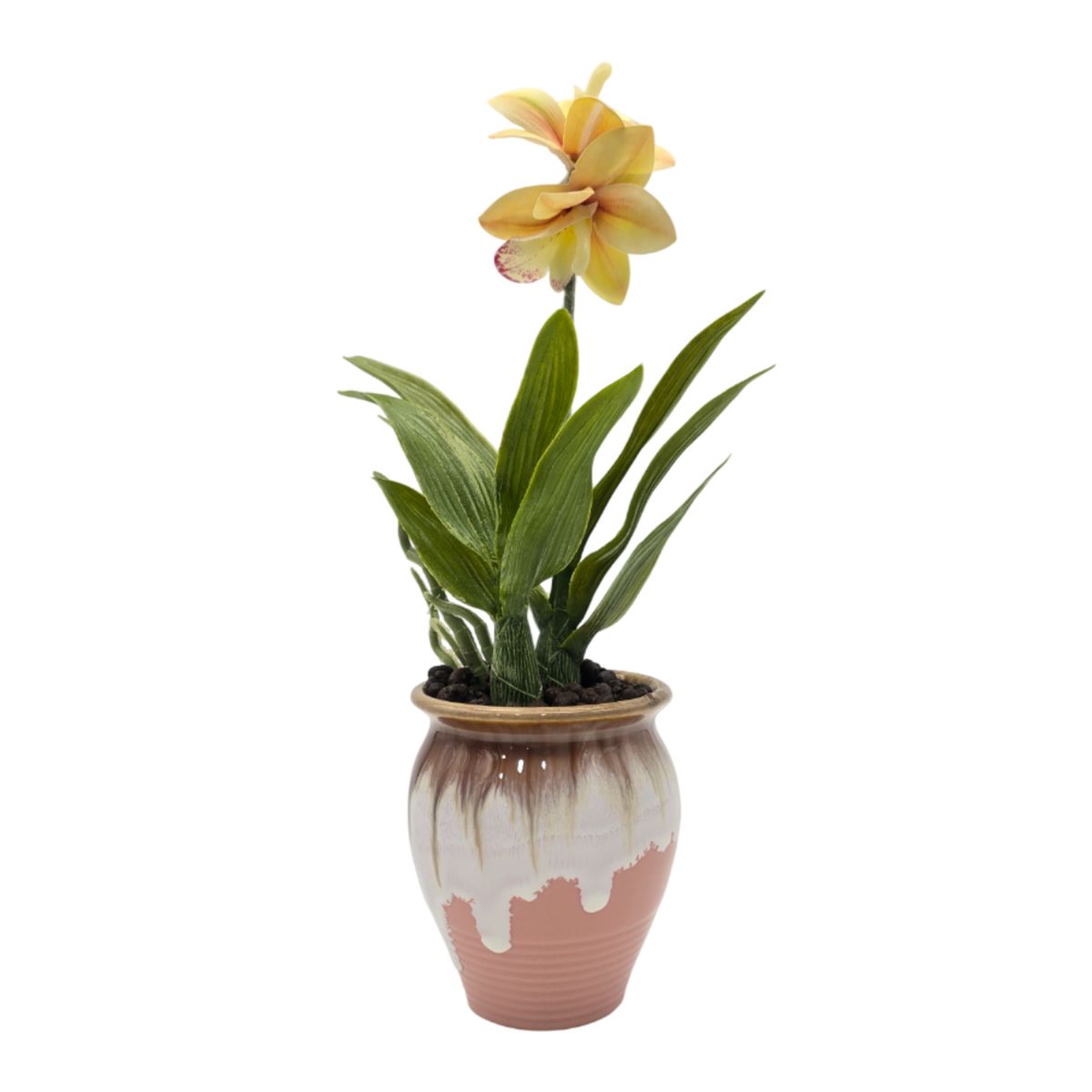 GENERICO - Planta Artificial Orquidea Amarilla Macetero De Ceramica
