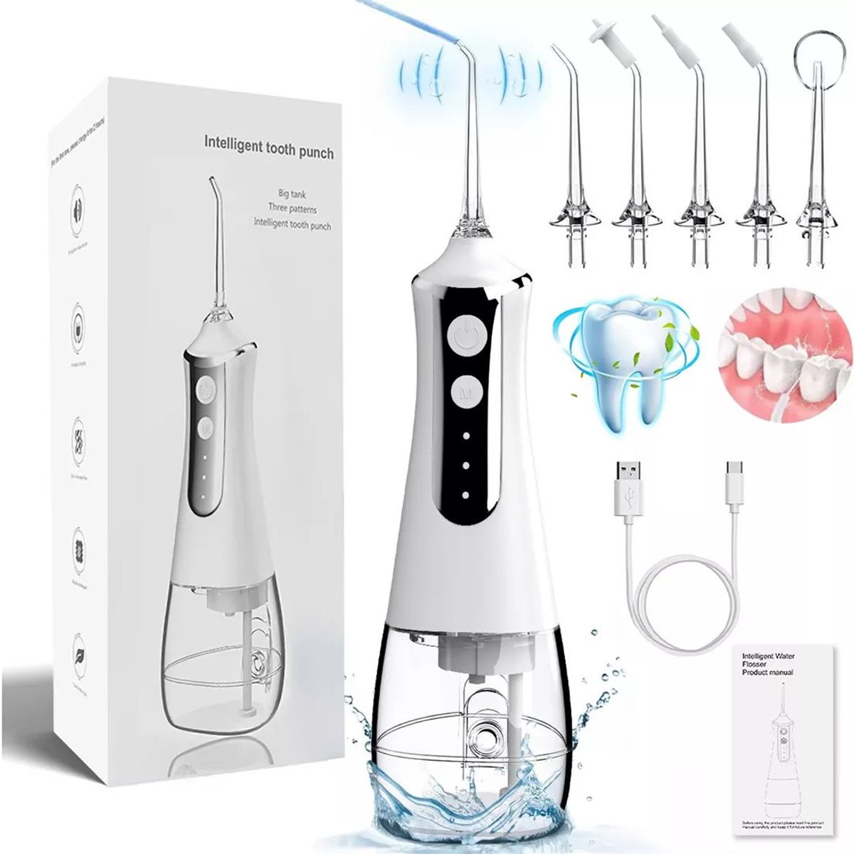 KUANGYE - Irrigador Bucal Limpiador Dientes Eléctrico Blanco Con 5 Boquillas