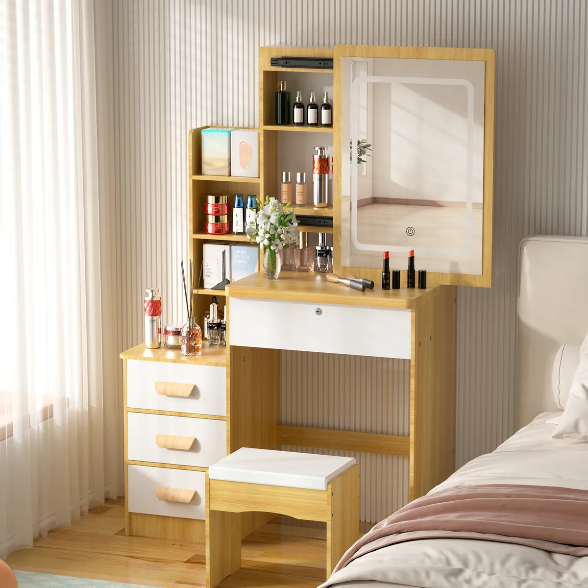 AIZO - Tocador Con Espejo De Luz LED Comoda Extendible y taburete 80x40x130cm