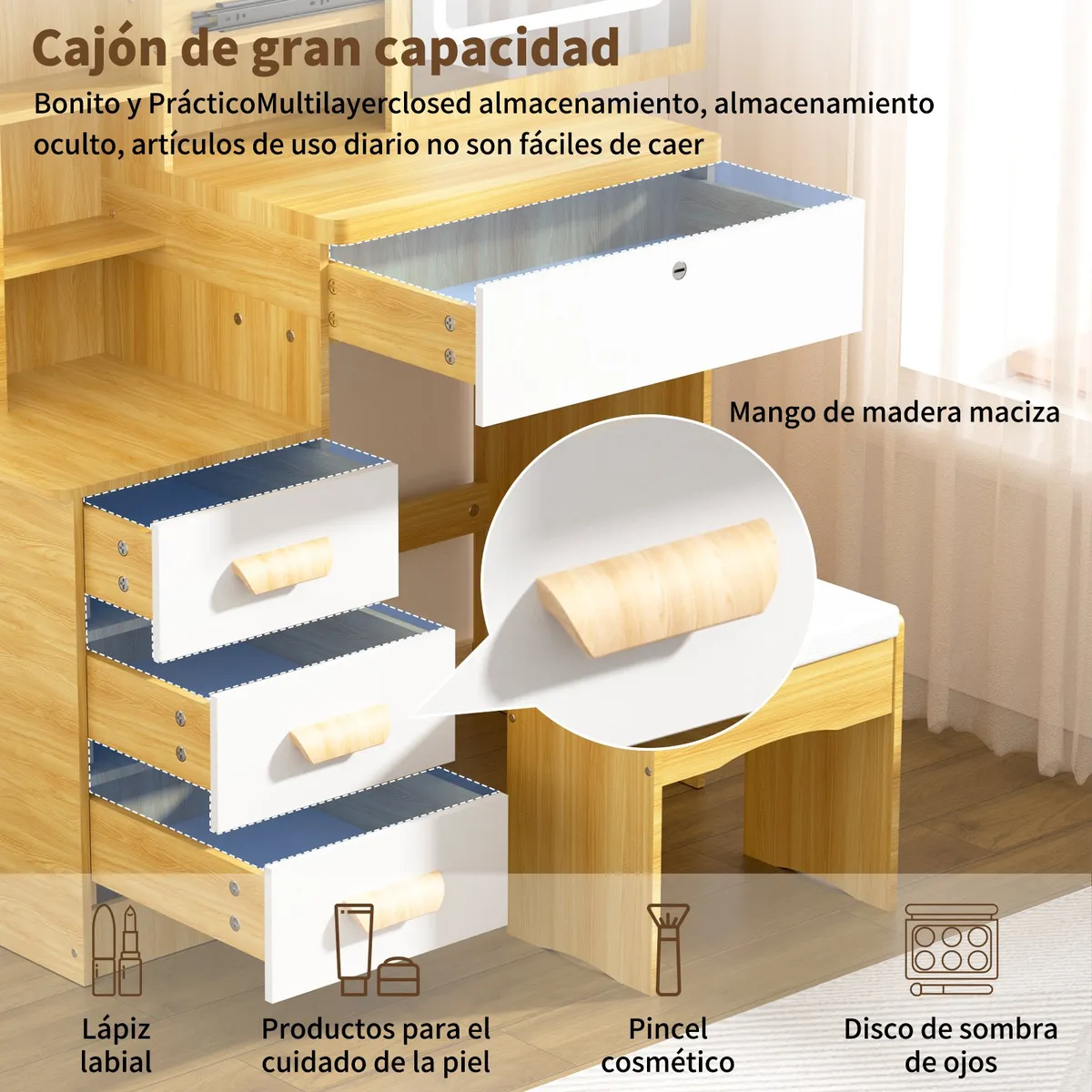 AIZO - Tocador Con Espejo De Luz LED Comoda Extendible y taburete 80x40x130cm