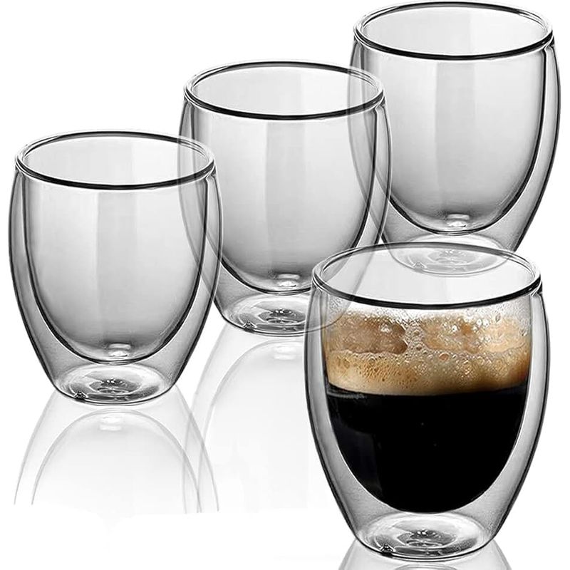 KUANGYE - Taza Cafe 4 Vasos Vidrio Mug Doble Pared Térmica Reforzada