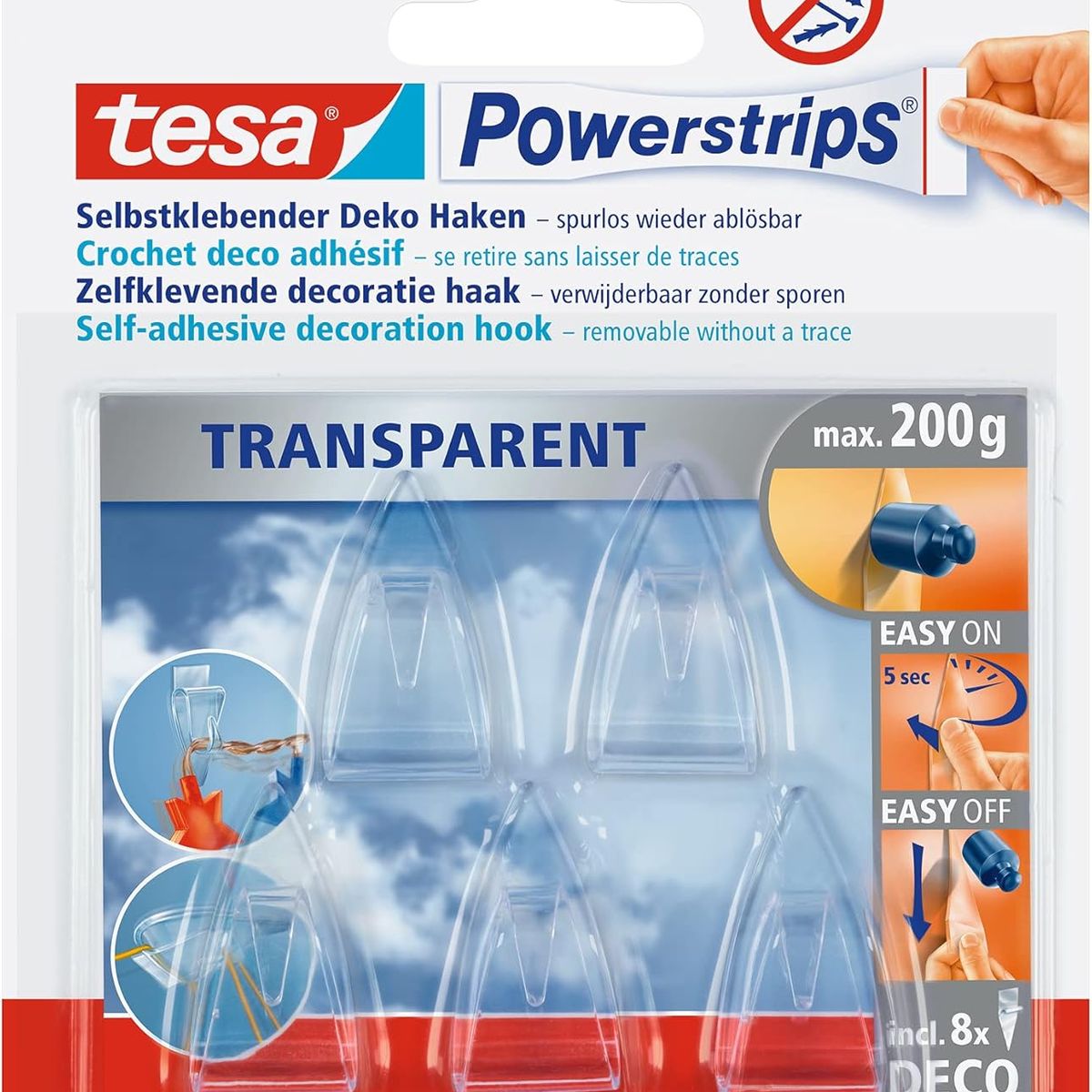 TESA - 5 Perchas Ganchos Deco Transparentes De Decoración Tesa
