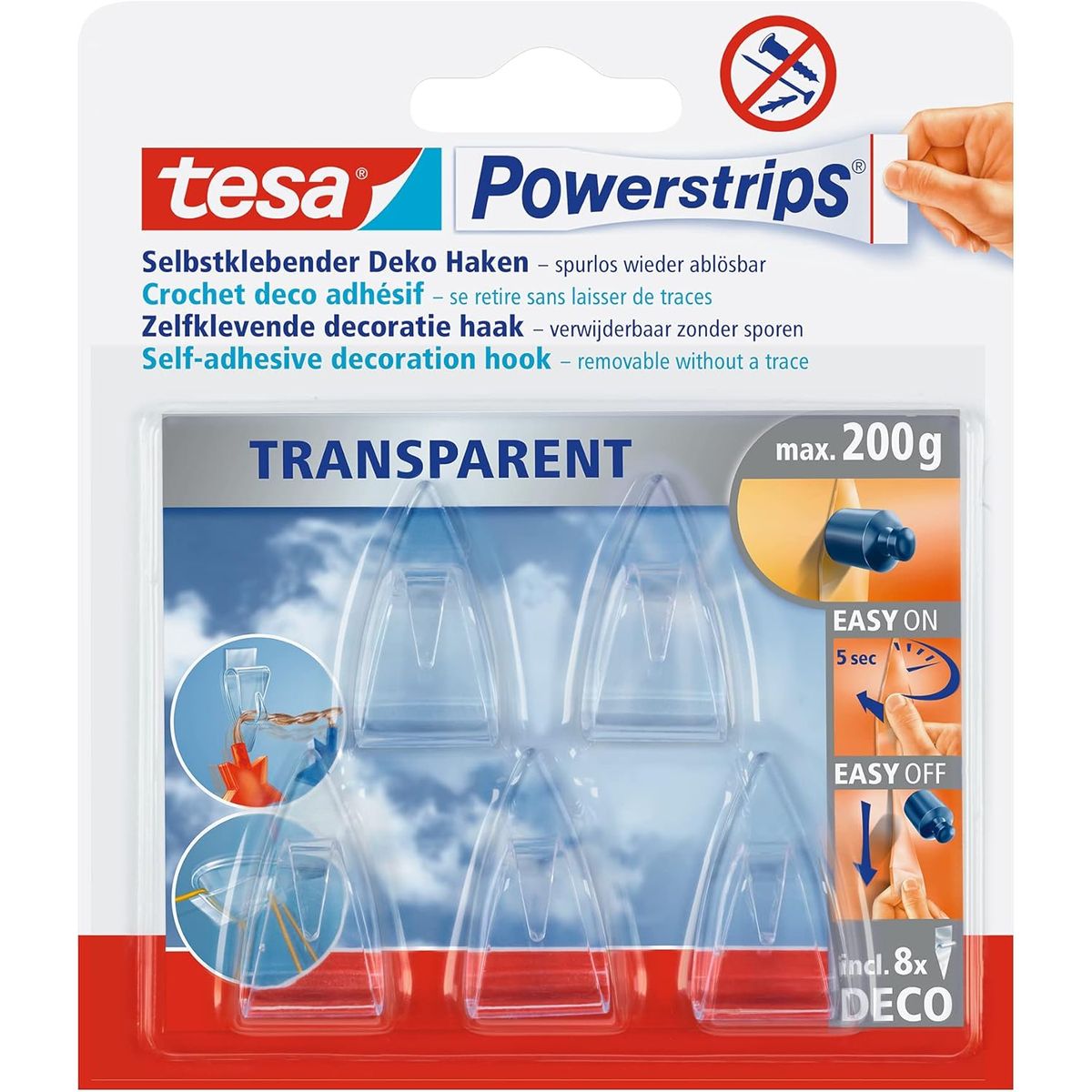 TESA - 5 Perchas Ganchos Deco Transparentes De Decoración Tesa