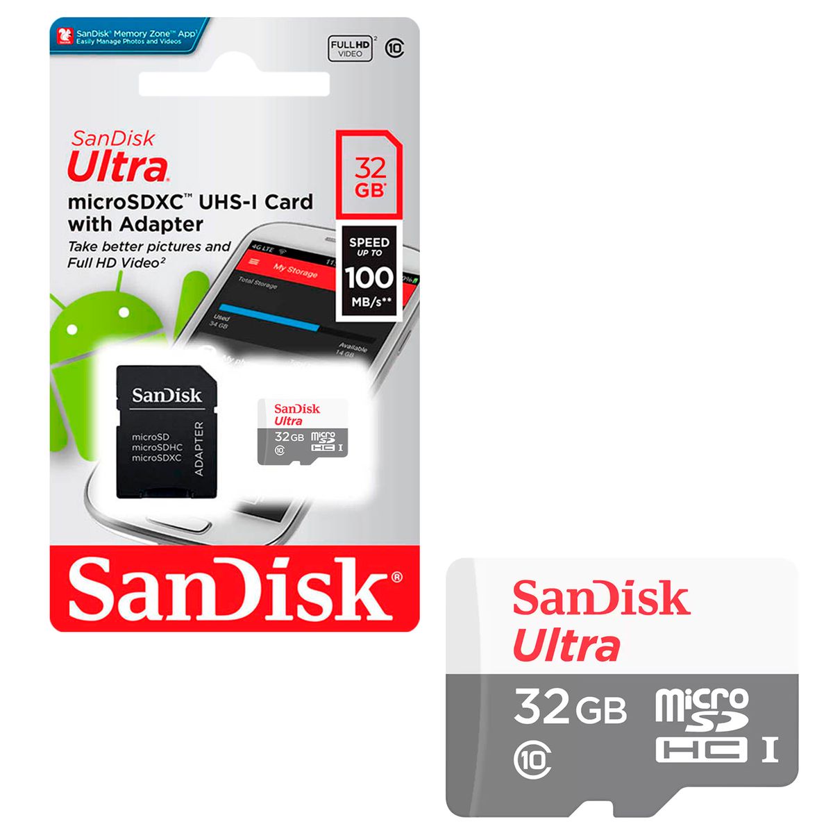 SANDISK - Tarjeta de Memoria MicroSD 32GB Sandisk 100MB/s + Adaptador