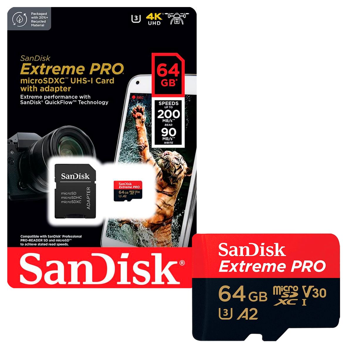 SANDISK - Tarjeta de Memoria MicroSD SanDisk 64GB + Adaptador 200MB/s