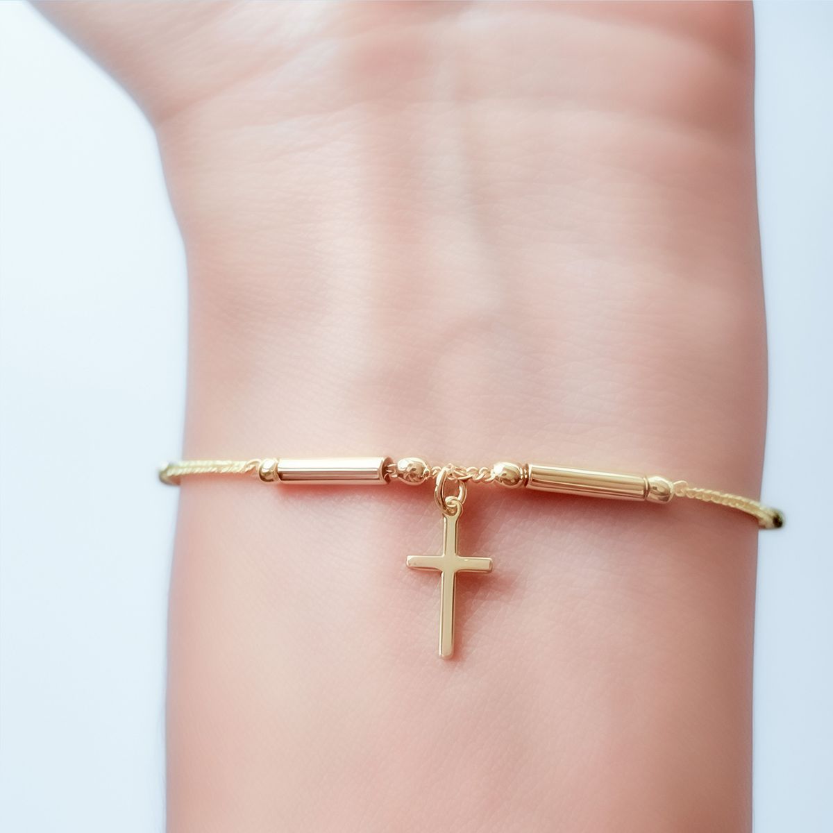 COGGIOLA - Pulsera Cadena Eslabón Tubo Cruz Enchapado Oro 18K